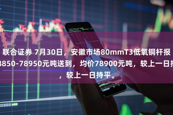 联合证券 7月30日，安徽市场80mmT3低氧铜杆报价78850-78950元吨送到，均价78900元吨，较上一日持平。